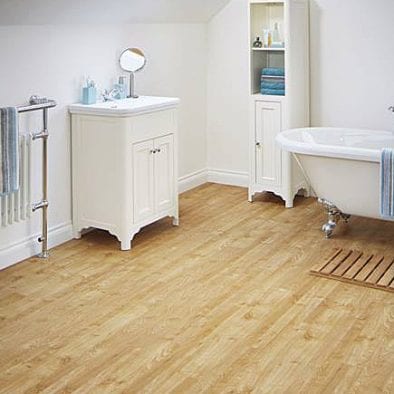 Karndean Knight Tile pale American Oak wood effect vinyl plank flooring in a period bathroom