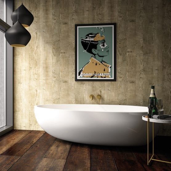 Luxury bathroom featuring BB Nuance mushroom wildwood effect bathroom wall cladding with a wood grain finish