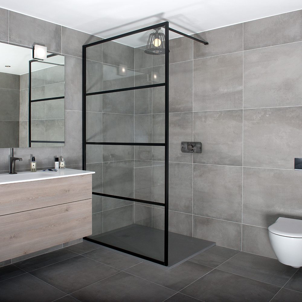 A black art deco style framed shower screen by Drench