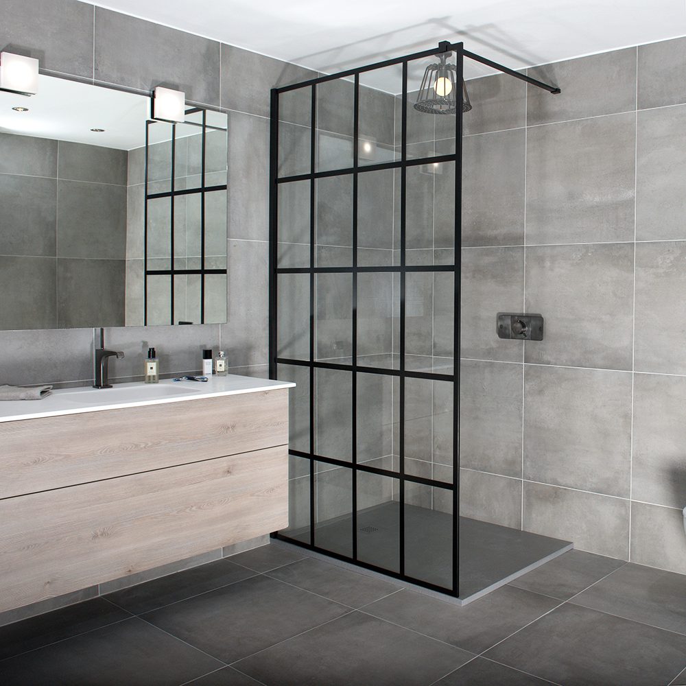 Drench Frame fixed designer walk-in shower screen with black grid pattern