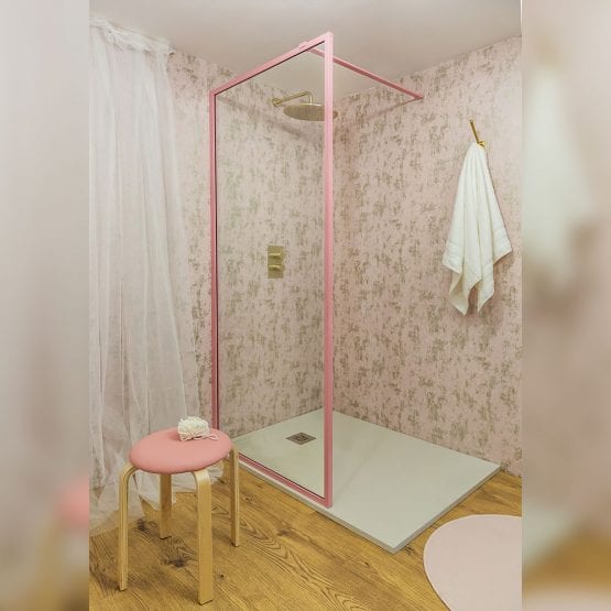 Drench Border minimalist shower screen with matt pink frame