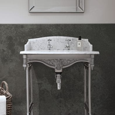 Luxury bathroom featuring BB Nuance slate grey stone effect bathroom wall cladding with a riven finish