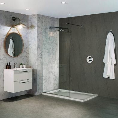 Shower featuring Turin Marble and Natural Greystone stone effect shower wall boards
