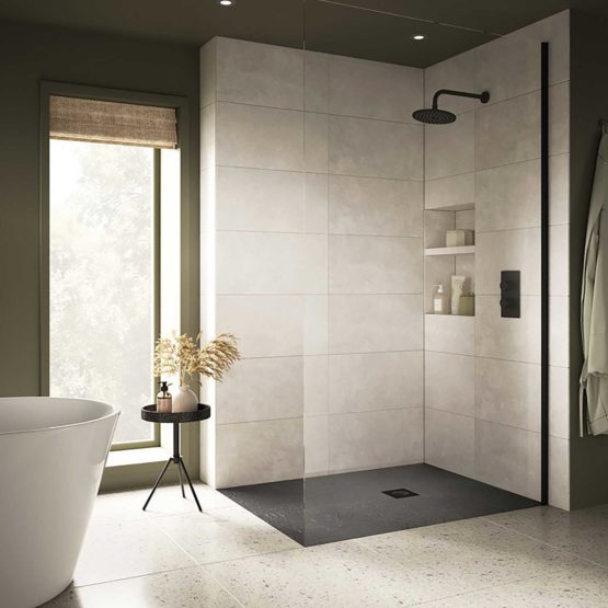 Room H2o Imago slate effect low profile shower tray in a stylish modern bathroom
