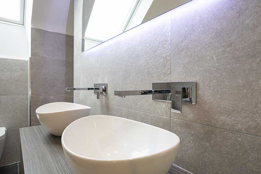Luxury wall mounted taps supplied by Room H2o for a new build home in Canford Cliffs Dorset