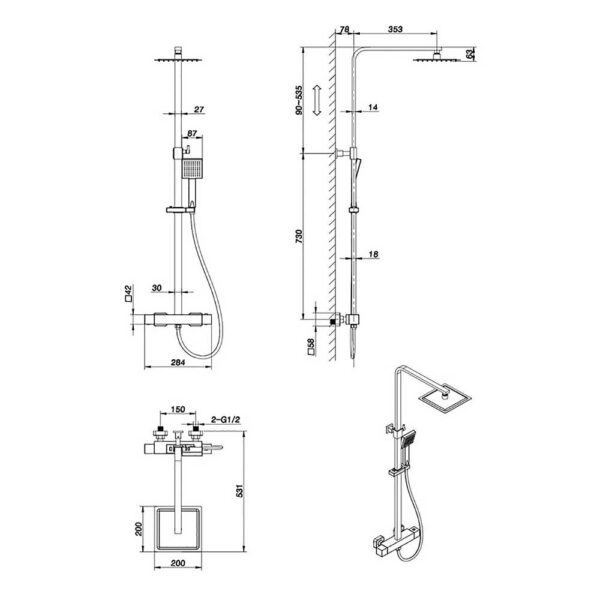 Technical diagram for Bathrooms to Love Quadro Cool Touch shower valve DICM0548