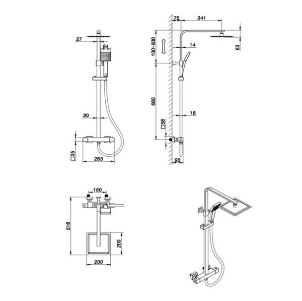 Technical diagram for Bathrooms to Love Kube shower valve DICM0550