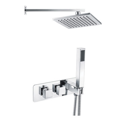 Targa twin outlet concealed shower valve with square hand shower and 200mm fixed shower head in chrome dicpm0048