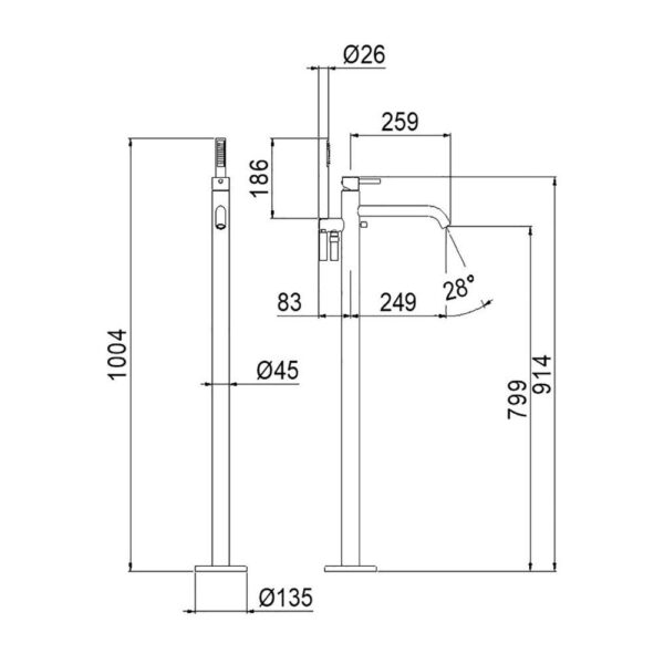 Maira floor standing bath filler technical diagram and measurements