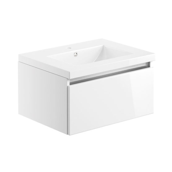 Carino 615mm wall hung single drawer bathroom vanity unit with basin in gloss white finish