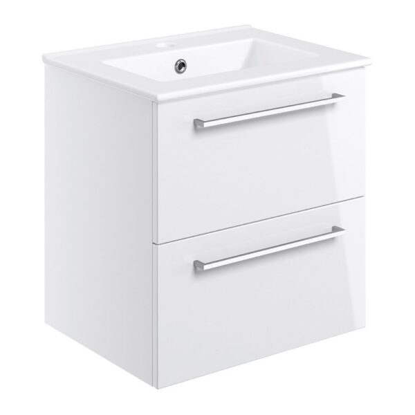Volta 510mm wall hung 2 drawer bathroom vanity unit with basin in gloss white
