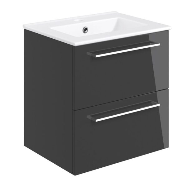 Volta 510mm wall hung 2 drawer bathroom vanity unit with basin in gloss anthracite