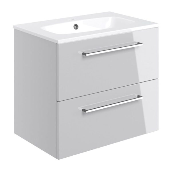 Volta 610mm wall hung 2 drawer bathroom vanity unit with basin in gloss grey
