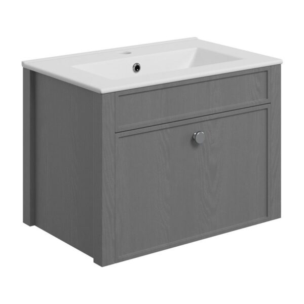 Lucia 605mm wall hung single drawer shaker style bathroom vanity unit with basin in grey ash finish