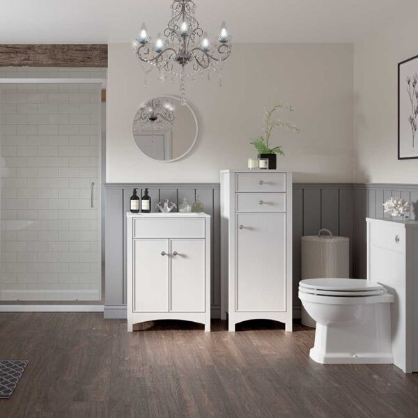 Lucia shaker style twin door floor standing bathroom vanity unit with basin in satin white ash
