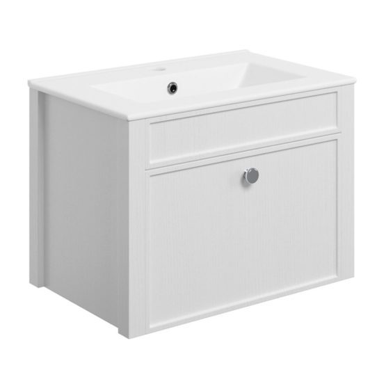 Luca 605mm wall hung single drawer shaker style bathroom vanity unit with basin in satin white ash finish