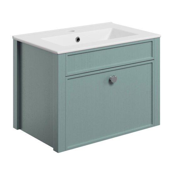 Luca 605mm wall hung single drawer shaker style bathroom vanity unit with basin in sea green finish