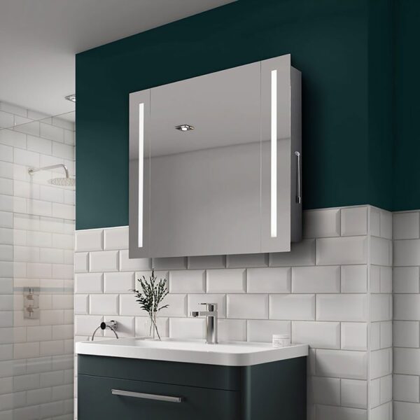 modern bathroom with a wall hung Harmony single door illuminated mirrored bathroom cabinet
