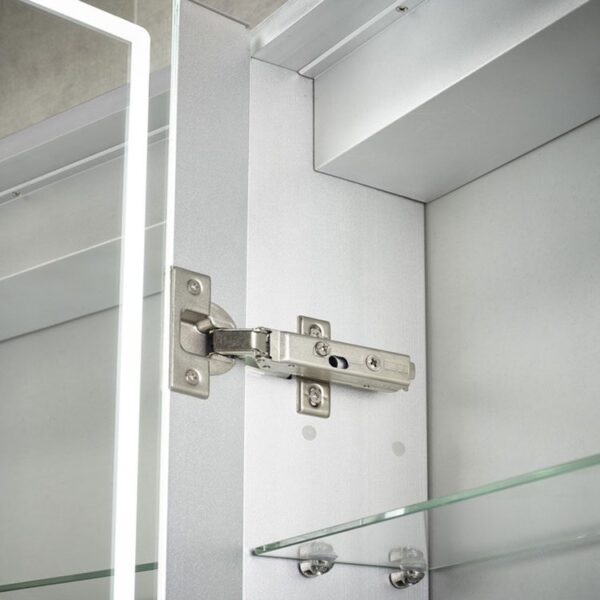 Pegasus illuminated bathroom mirror cabinet hinge and adjustable shelf detail