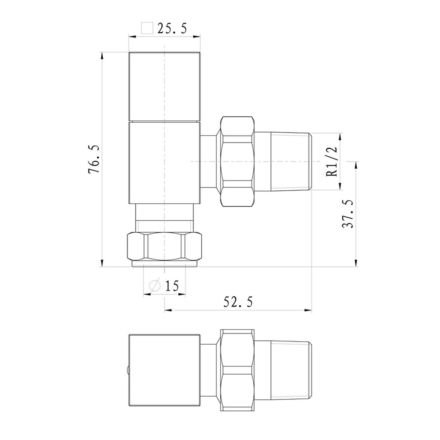 Square chrome angled radiator valves - dimensions