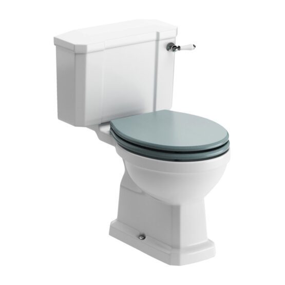 Kingston close coupled traditional toilet with sea green wood effect soft close seat