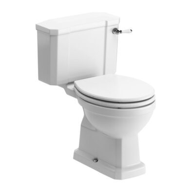 Kingston close coupled traditional toilet with white wood effect soft close seat