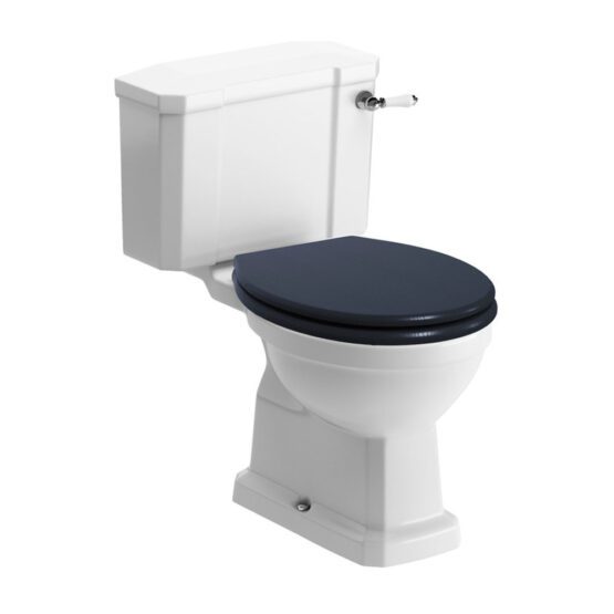 Kingston close coupled traditional toilet with indigo blue wood effect soft close seat