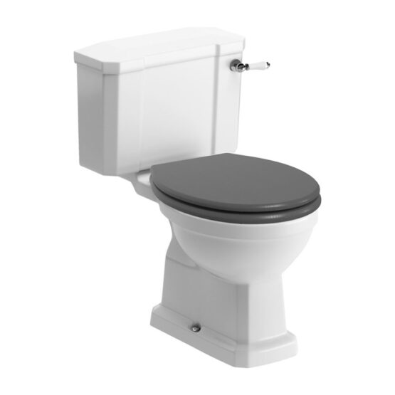 Kingston close coupled traditional toilet with grey ash wood effect soft close seat