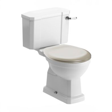 Kingston close coupled traditional toilet with matt latte wood effect soft close seat